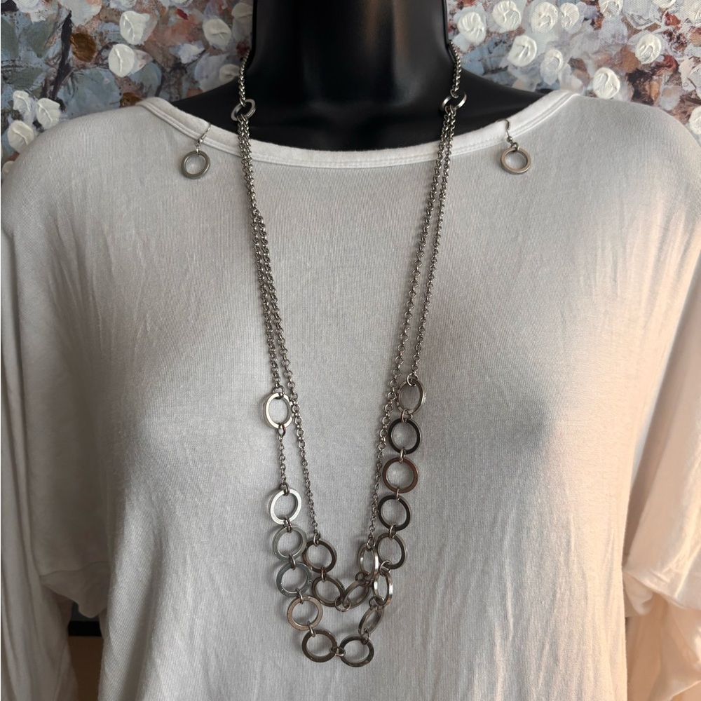 Silver Circle Long Necklace and Earrings Set